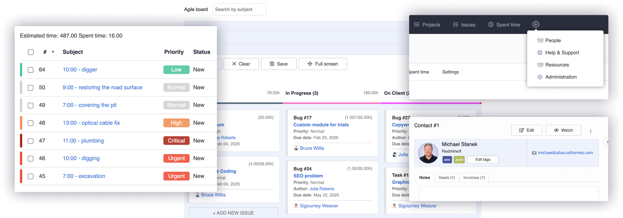 Screenshots of the Abacusmine Redmine interface, issue list, agile board and navigation